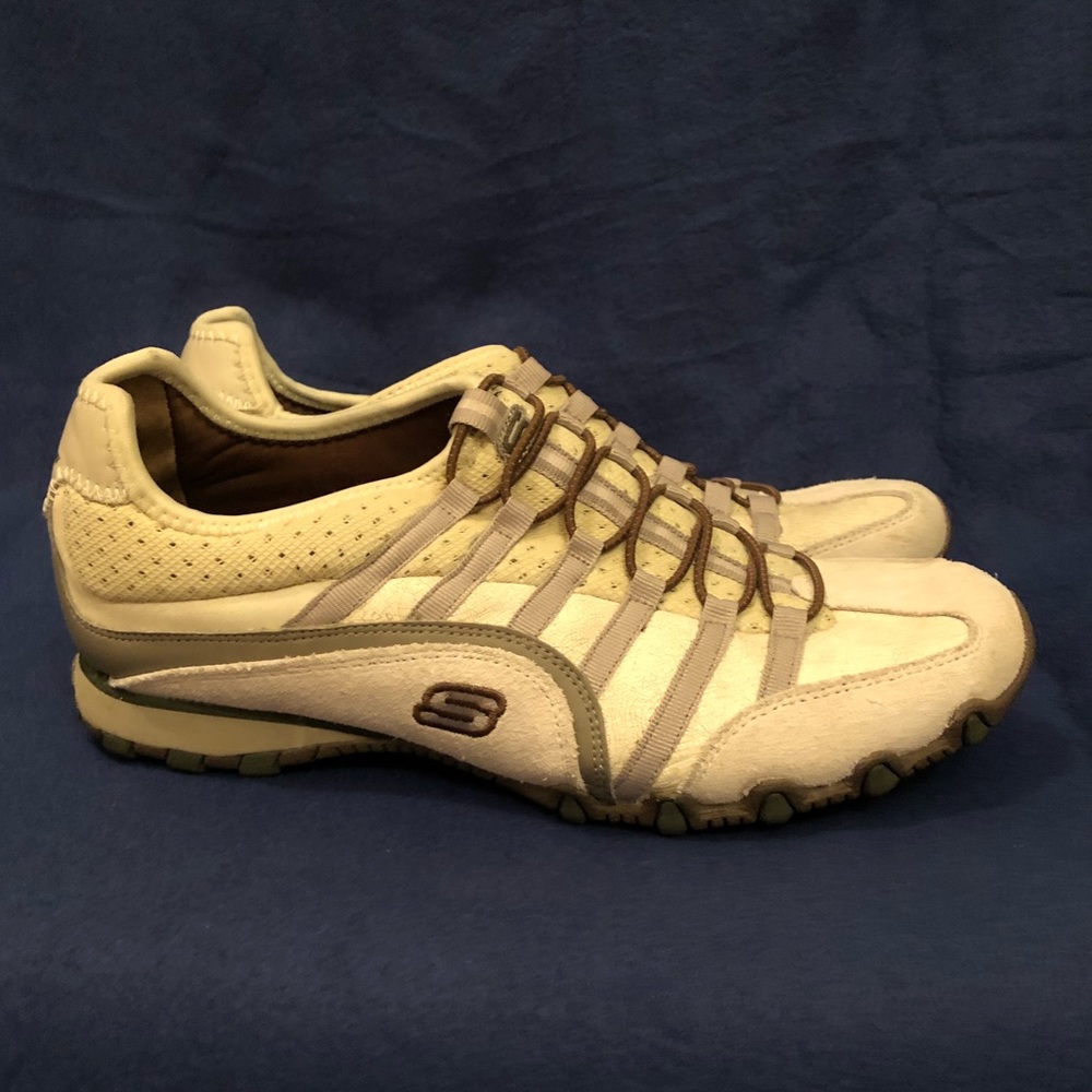 Brown and Cream Skechers Slip-Ons